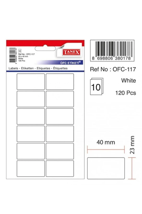 Tanex Ofis Etiketi Poşetli 23x40 MM Beyaz Ofis Etiketi (10 Lu Paket)