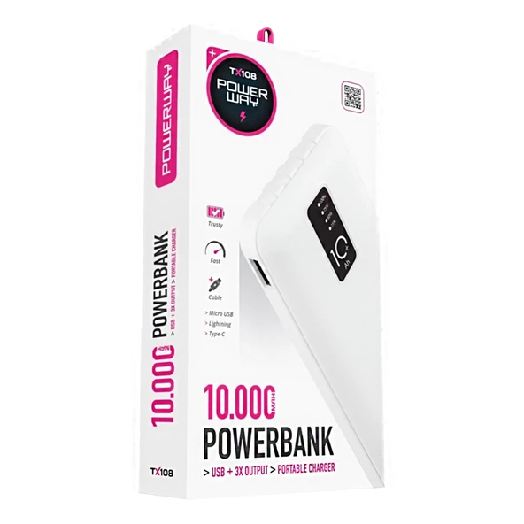 POWERWAY TX108 10000 MAH SİYAH GÖSTERGELİ EKSTRA KABLOLU 4 ÇIKIŞLI POWERBANK - 7