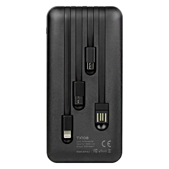 POWERWAY TX108 10000 MAH SİYAH GÖSTERGELİ EKSTRA KABLOLU 4 ÇIKIŞLI POWERBANK - 5