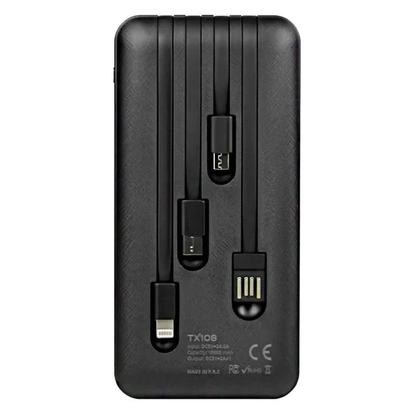 POWERWAY TX108 10000 MAH SİYAH GÖSTERGELİ EKSTRA KABLOLU 4 ÇIKIŞLI POWERBANK - 9