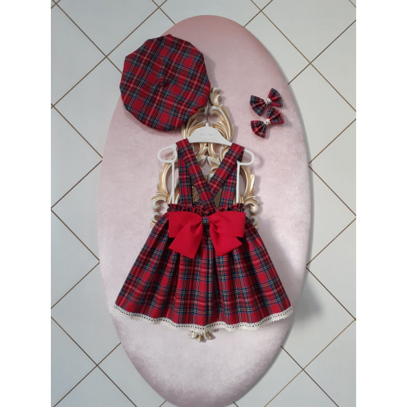 Eylülce Butik Kız Bebek/Çocuk Kırmızı Ekoseli Salopet Elbise & Ressam Şapkası & Toka Takım