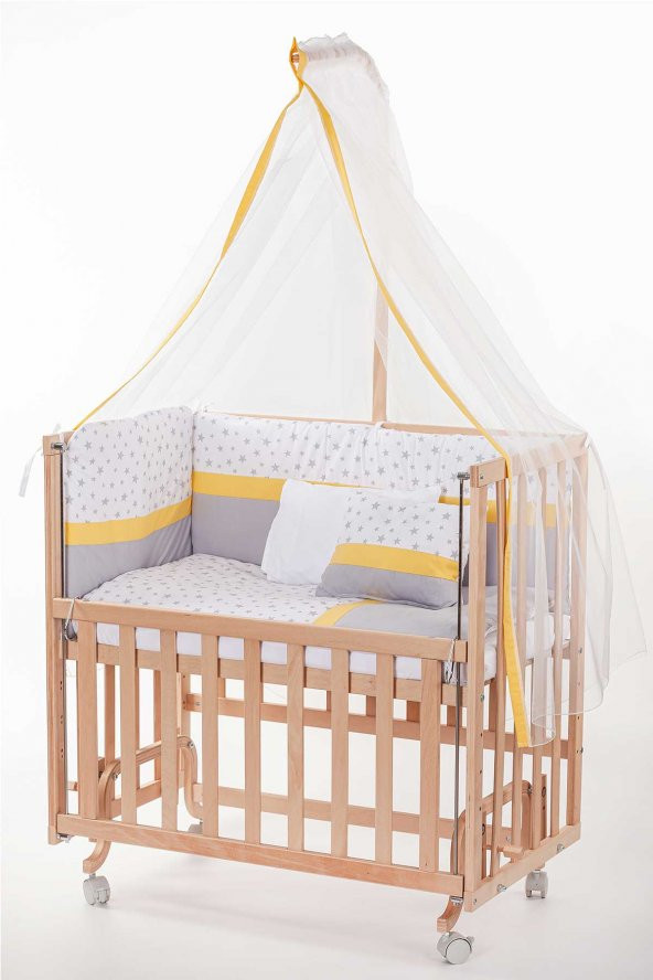 Babycom Anne Yanı Naturel Boyasız 50x90 Ahşap Beşik - Tekerlekli + Sarı Biyeli Uyku Seti