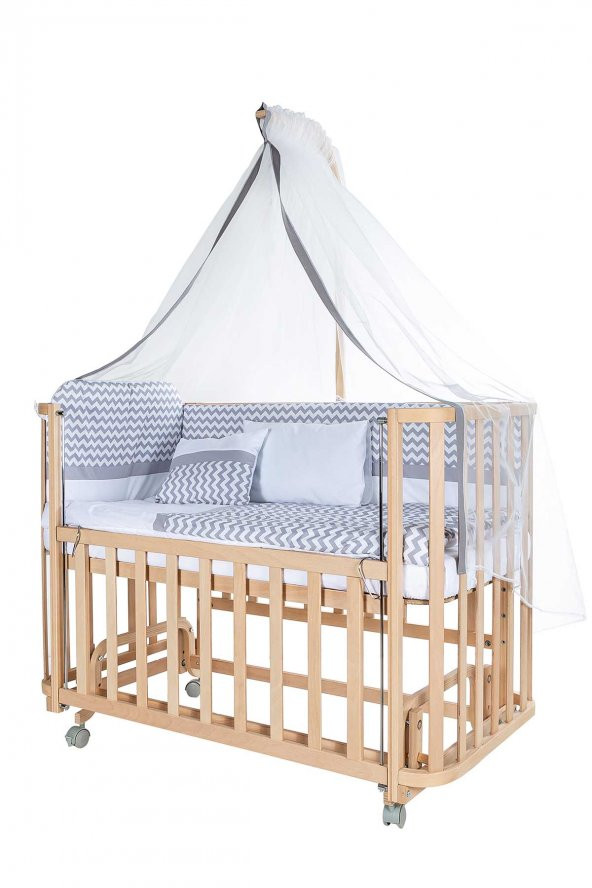 Baby Tech Modern Anne Yanı 60x120 Naturel Beşik - Tekerlekli + Gri Zikzak Uyku Seti