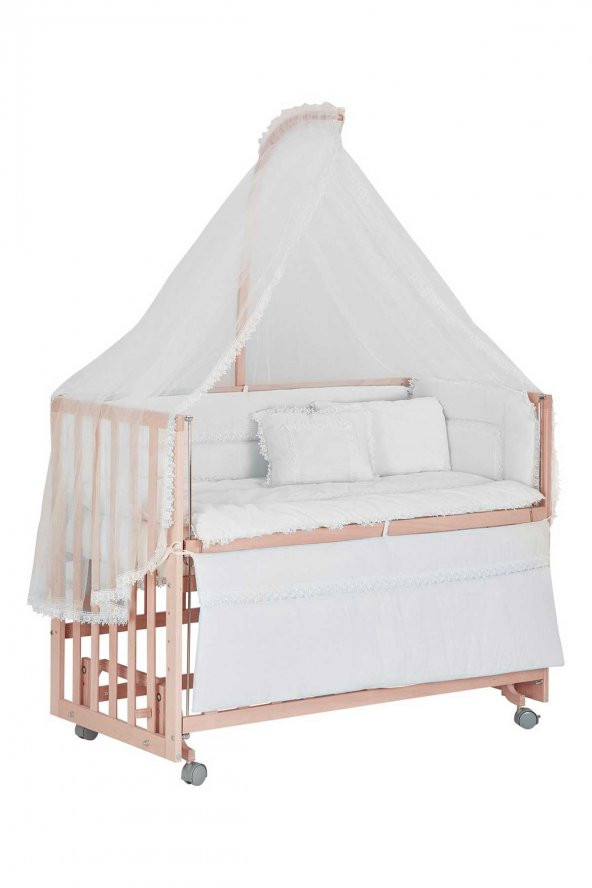 Babycom Anne Yanı Naturel Tekerlekli 60x120 Ahşap Beşik + Beyaz Uyku Seti