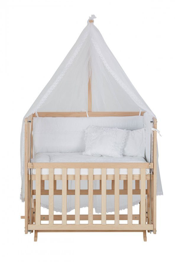 Baby Tech 50X90  Naturel Boyasız  4 Kademeli Beşik + Beyaz Uyku Seti