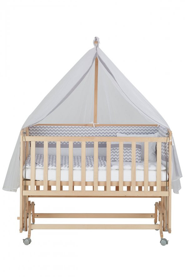 Baby Tech 70X130  Naturel Boyasız 4 Kademeli Tekerlekli Beşik + Gri Zikzak Uyku Seti