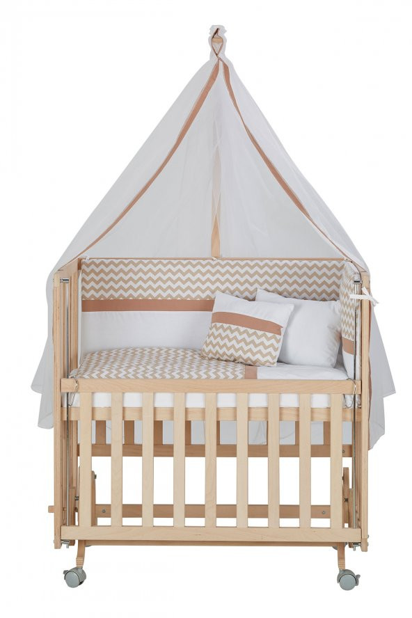 Baby Tech 50X90  Naturel Boyasız 4 Kademeli Tekerlekli Beşik + Kahve Zikzak Uyku Seti