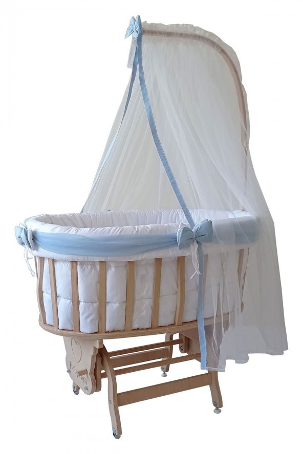 Babycom Extra Doğal Boyasız Ahşap Sepet Beşik + Mavi Süslü Tüllü Uyku Seti