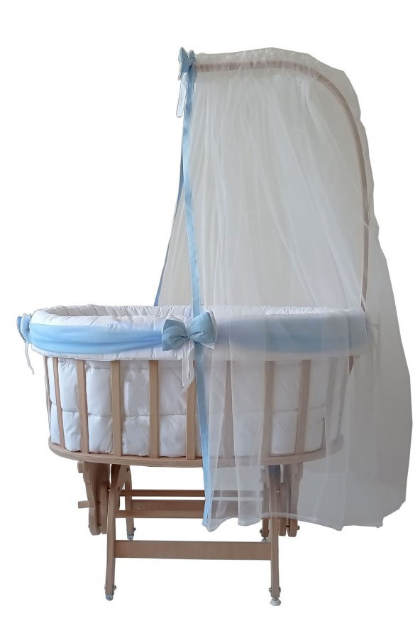 Babycom Extra Doğal Boyasız Ahşap Sepet Beşik + Mavi Süslü Tüllü Uyku Seti - 2