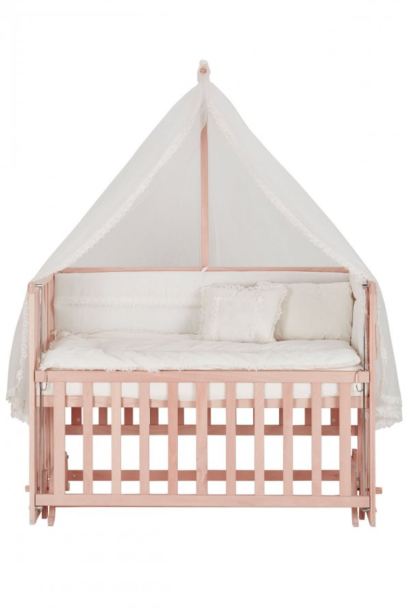 Babycom Naturel Ahşap Anne Yanı 70 x 130 Kademeli Beşik + Krem Uyku Seti