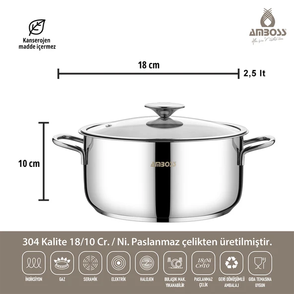 Amboss Cool 8 Parça Cam Kapaklı İndiksiyon Tabanlı  Paslanmaz Çelik Tencere Seti - 3