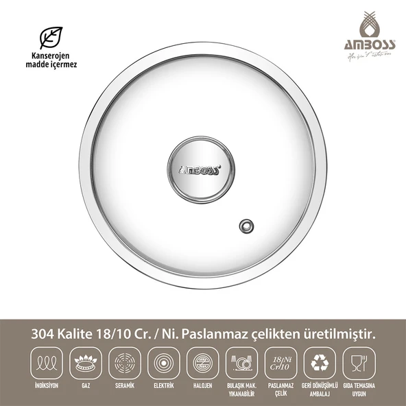 Amboss Cool 8 Parça Cam Kapaklı İndiksiyon Tabanlı  Paslanmaz Çelik Tencere Seti - 8