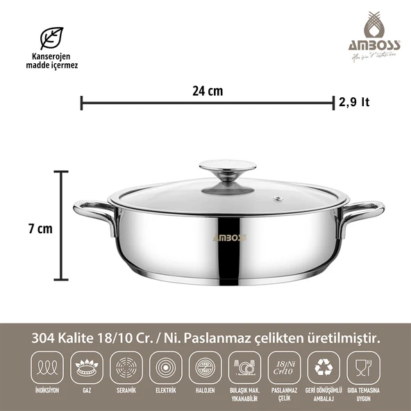 Amboss Cool 8 Parça Cam Kapaklı İndiksiyon Tabanlı  Paslanmaz Çelik Tencere Seti - 6