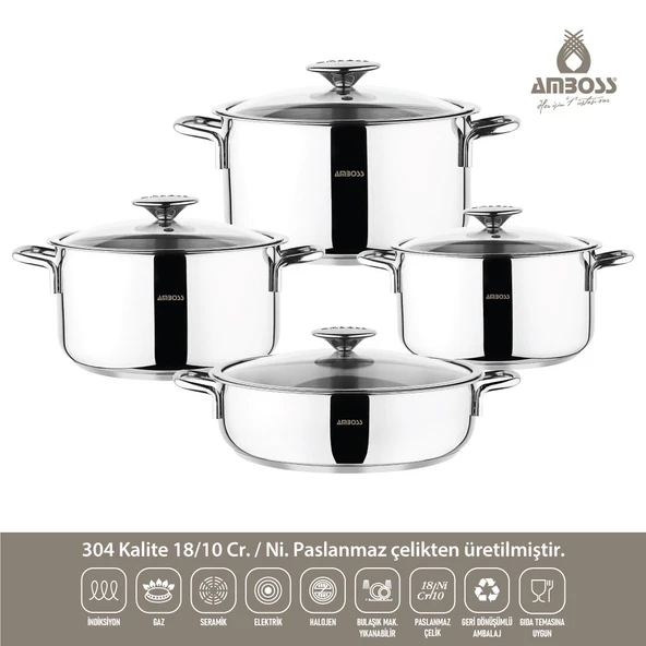 Amboss Cool 8 Parça Cam Kapaklı İndiksiyon Tabanlı  Paslanmaz Çelik Tencere Seti - 2