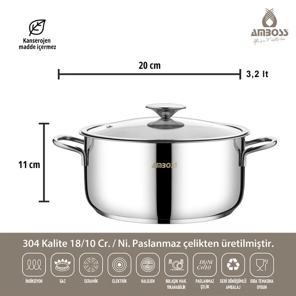 Amboss Cool 8 Parça Cam Kapaklı İndiksiyon Tabanlı  Paslanmaz Çelik Tencere Seti - 4
