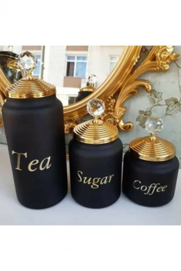 Gold Kapaklı Siyah Cam Çay Şeker Kahve Saklama Kavanozu 3 Lü
