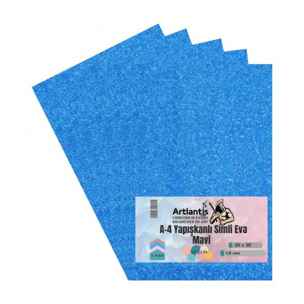 Yapışkanlı Simli Eva Mavi A4 20x30 5 Adet 1 Paket Hobi Okul Öncesi Kreş Anasınıfı Eva Yapışkanlı Simli 20*30