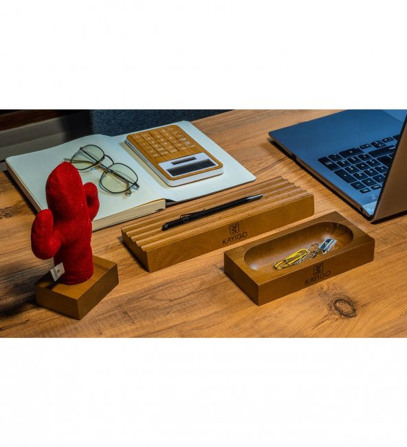 Kayigo Woody Üçlü Ofis Seti Açık Kahverengi - Kırmızı Kaktüs - Resim 3