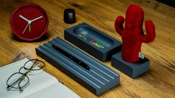 Kayigo Gri Woody Üçlü Ofis Seti- Kırmızı Kaktüs