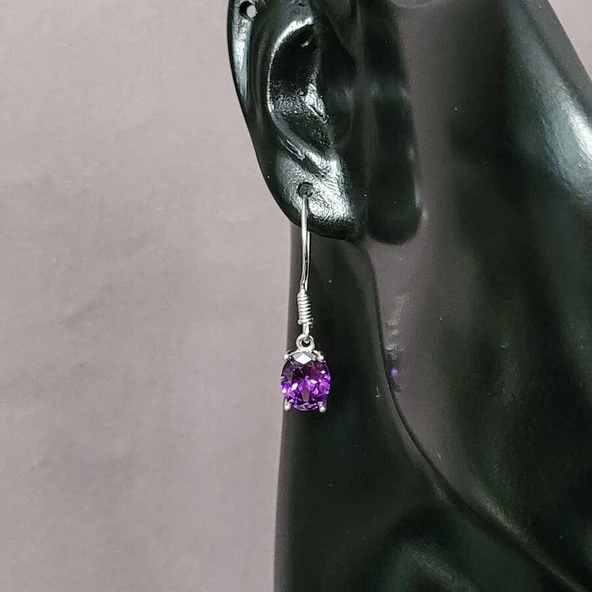 925 Ayar Gümüş Oval Büyük Boy Ametist Taşlı Küpe - Resim 2