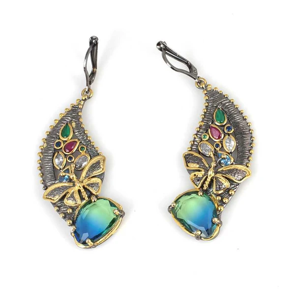 925 Ayar Gümüş Kelebek Motifli Renkli Taşlı Elişi Küpe - Resim 2