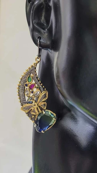 925 Ayar Gümüş Kelebek Motifli Renkli Taşlı Elişi Küpe - Resim 3