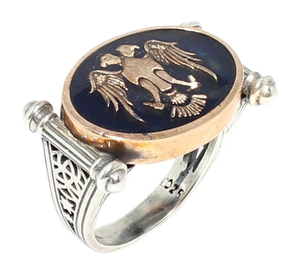 925 Ayar Gümüş Oval Çift Başlı Kartal Modeli Erkek Yüzük - Resim 3