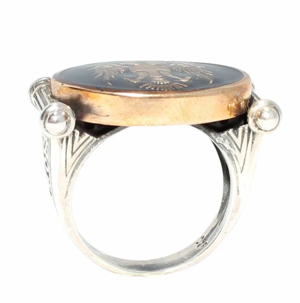 925 Ayar Gümüş Oval Çift Başlı Kartal Modeli Erkek Yüzük - Resim 5