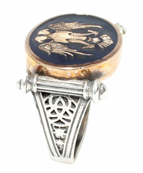 925 Ayar Gümüş Oval Çift Başlı Kartal Modeli Erkek Yüzük - Resim 4