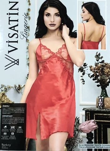 Visatin İnce Askılı Kadın Kırmızı Saten Gecelik 2021 - 2