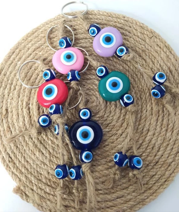 Nazar Boncuk Anahtarlık 5 Adet Kötü Göz Kovucu Nazar Hand Made Hasır Renkli Boncuklu Nazarlı Anahtarlık - Resim 3