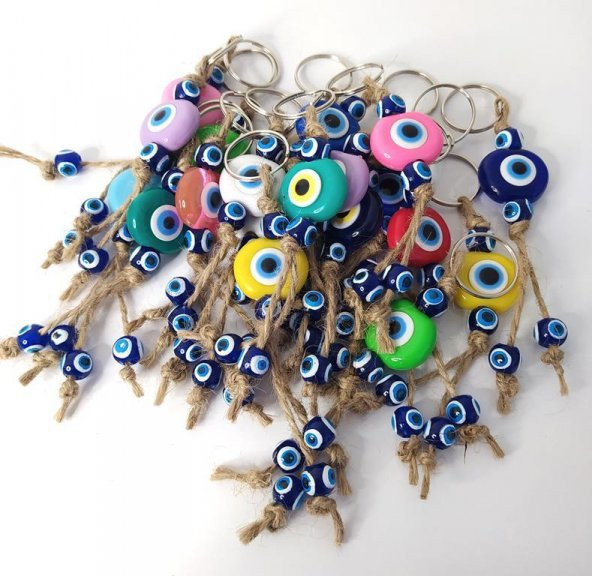 Nazar Boncuk Anahtarlık 20 Adet Kötü Göz Kovucu Nazar Hand Made Hasır Renkli Boncuklu Nazarlı Anahtarlık
