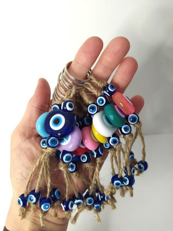 Nazar Boncuk Anahtarlık 20 Adet Kötü Göz Kovucu Nazar Hand Made Hasır Renkli Boncuklu Nazarlı Anahtarlık - Resim 5