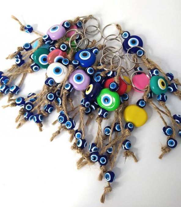 Nazar Boncuk Anahtarlık 20 Adet Kötü Göz Kovucu Nazar Hand Made Hasır Renkli Boncuklu Nazarlı Anahtarlık - Resim 7