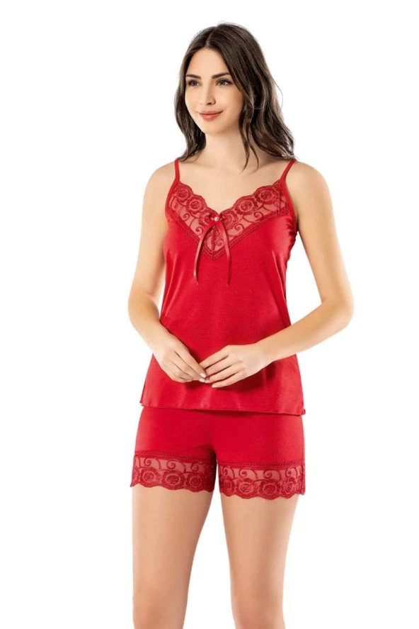 nefertiya Kadın Kırmızı Şortlu Takım Ev Giyim Gecelik Dantelli Pijama Uyku Kıyafeti 6341