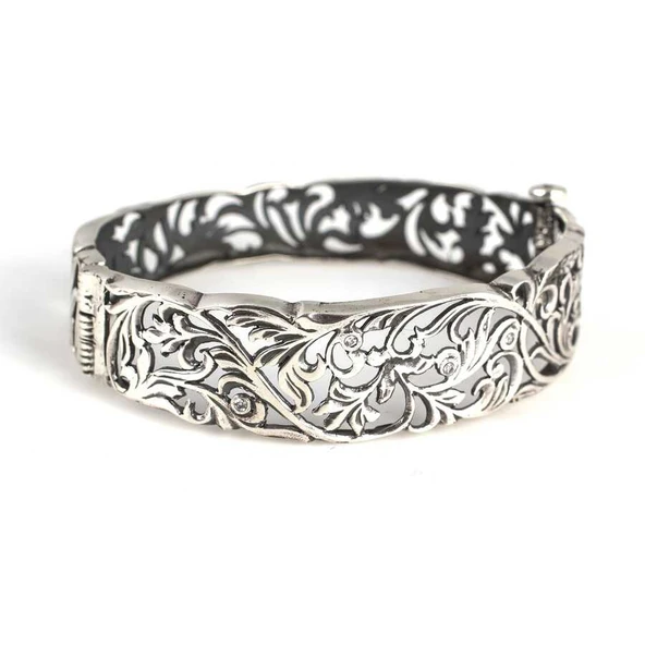 925 Ayar Gümüş Oval Ajurlu Süzme Zirkon Taşlı Bilezik - Resim 5