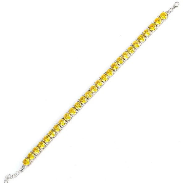 925 Ayar Gümüş Büyük Yuvarlak Sarı Sitrin Taşlı Suyolu Bileklik - Resim 4