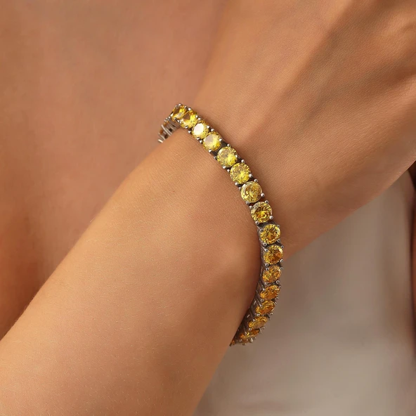 925 Ayar Gümüş Büyük Yuvarlak Sarı Sitrin Taşlı Suyolu Bileklik ürün görseli 1