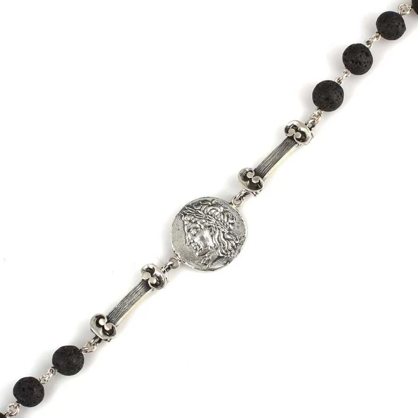 925 Ayar Gümüş Lav Taşlı Sezar Paralı Şarnelli Bileklik - Resim 3