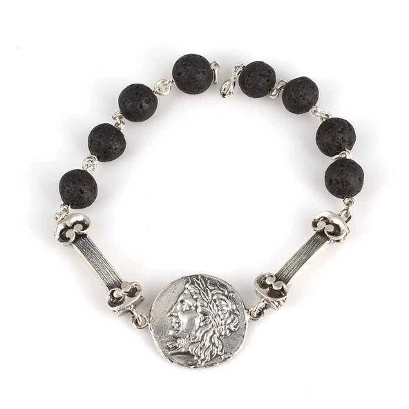 925 Ayar Gümüş Lav Taşlı Sezar Paralı Şarnelli Bileklik ürün görseli 1