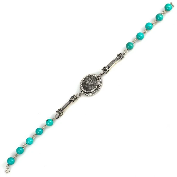 925 Ayar Gümüş Turkuaz Taşlı Yunan Paralı Bileklik - Resim 2
