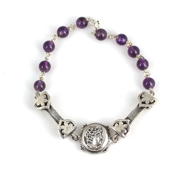 925 Ayar Gümüş Ametist Taşlı Sezar Figürlü Şarnelli Bileklik ürün görseli