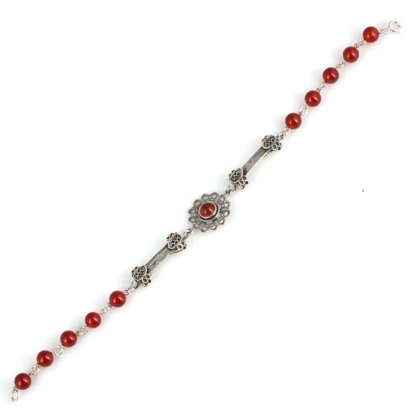 925 Ayar Gümüş Akik Taşlı Telkari Parçalı Şarnelli Bileklik - 2