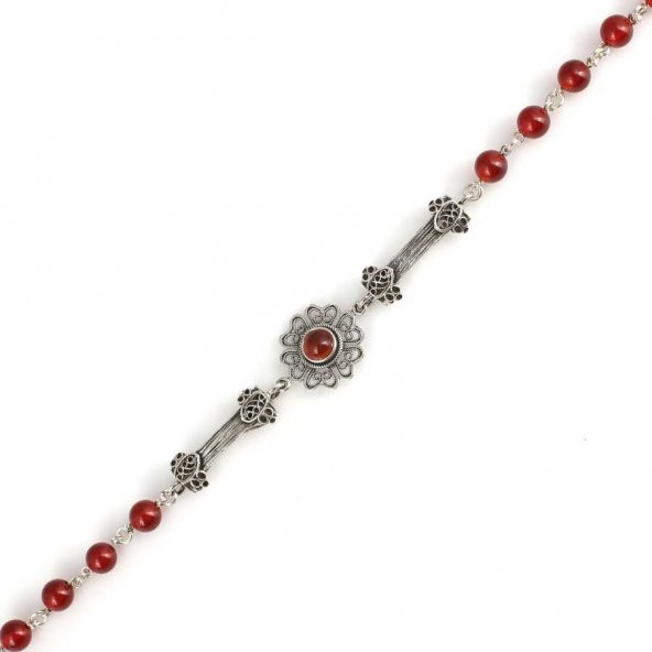 925 Ayar Gümüş Akik Taşlı Telkari Parçalı Şarnelli Bileklik - 3