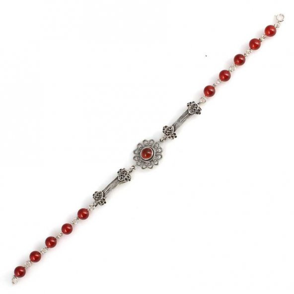 925 Ayar Gümüş Akik Taşlı Telkari Parçalı Şarnelli Bileklik - 4