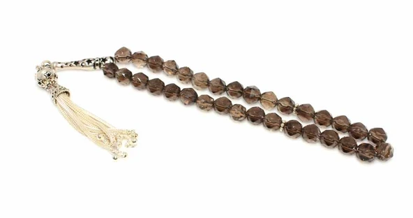 Dumanlı Kuvars Kesme Doğaltaş Gümüş Tesbih, Yıldız Desenli İmame ürün görseli