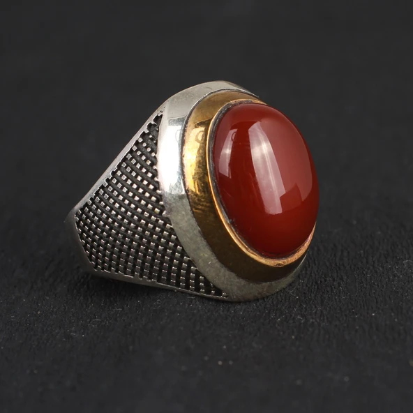 925 Ayar Gümüş ve Bronz Karışımı Oval Akik Taşlı Erkek Yüzük - Resim 2