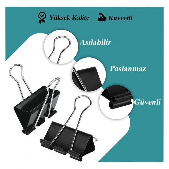 Çelik Kıskaç Klips 41 mm 12 Adet 1 Paket Metal Mandal Binder Clips Kıska 180 Sayfa Kapasiteli Çok Amaçlı Kullanım - 3
