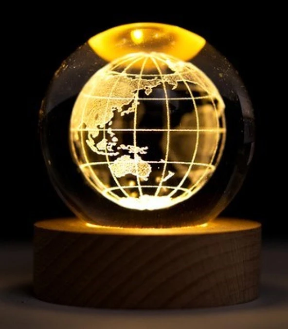Dekoratif Dünya Tasarımlı Ahşap altlıklı Işıklı Cam Küre Büyük Boy Cam:8cm Ahşap:2cm - 2