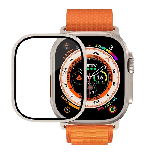 BİNANO APPLE WATCH ULTRA 49MM METAL ÇERÇEVELİ EKRAN KORUYUCU TURUNCU - 3